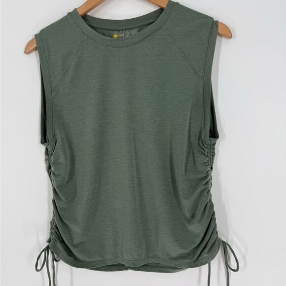 Zella Sleeveless Side-Ruched Drawstring Muscle Tank Top in Green Tree | Small - Picture 1 of 5